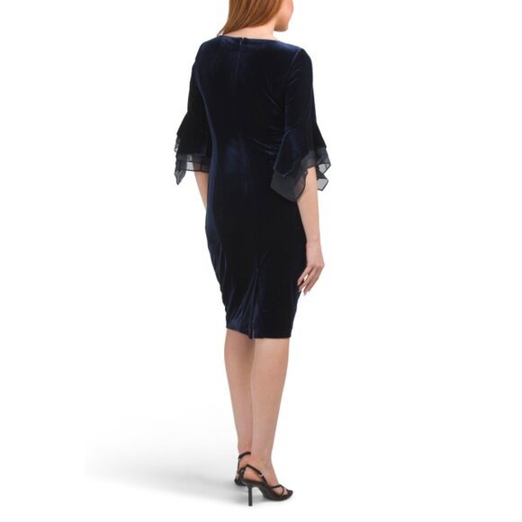 ADRIANNA PAPELL Midnight Three-quarter Ruffle Sleeve Velvet Midi Dress - Picture 2 of 2